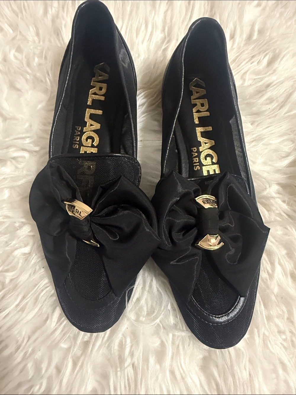 Karl Lagerfeld Black Satin Bow Slip-On Loafers
